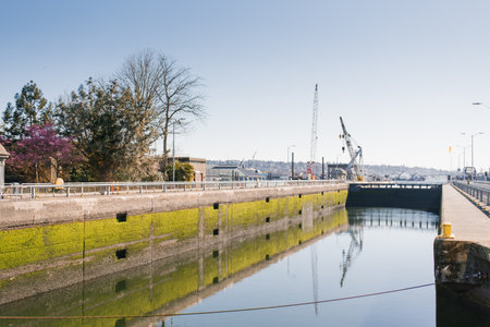 Seattle, Ballard, USA. March 2022. View of the Hiram Chittenden Locks, or Ballard Lacks, a complex of looks at the west end of Salmon Bay. Washington's Lake Washington Ship Canalのeditorial素材