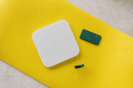 Scales, a smartphone and a fitness watch lie on a yellow yoga mat. view from above. Fitness...