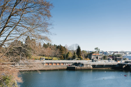 Seattle, USA. March 2022. View of the Hiram Chittenden Locks, or Ballard Lacks, a complex of looks at the west end of Salmon Bay. Washington's Lake Washington Ship Canal promenadeのeditorial素材