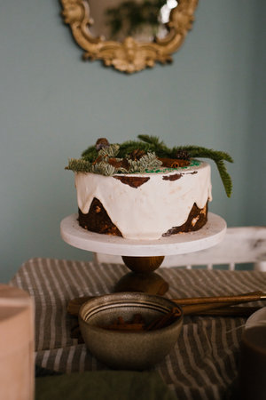 Christmas chocolate cake covered with white icing and decorated with fir branches on the table