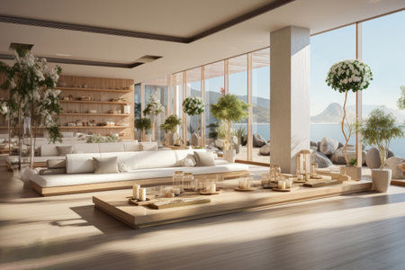 Stylish modern yoga center for classes and meditations. Bright space for spiritual practicesの素材