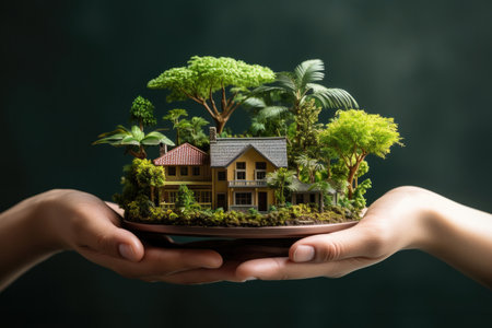 Miniature of a house villa with a garden on a family handsの素材