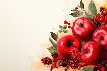 Apples and pomegranates on light background with copy space. Traditional Jewish cuisine for the New Year holiday - Rosh Hashanahの素材