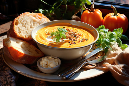 Pumpkin soup in a bowl on dark backgroundの素材