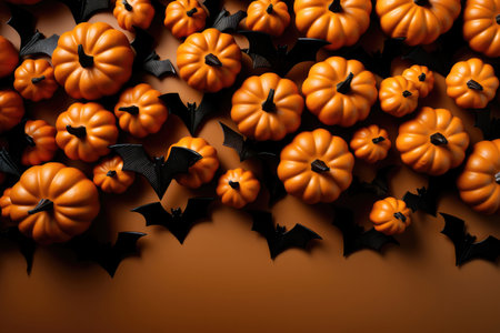 Halloween decorations made from pumpkin and bat on orange background. Flat lay, top view with copy spaceの素材