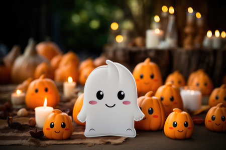 Cute Halloween ghost among pumpkins in the backgroundの素材