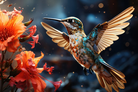 Hummingbird bird flutters near a red red flowerの素材