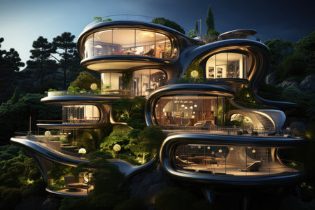 Exterior of the house of the future in harmony with natureの素材