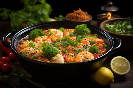 Asian traditional Thai sour and spicy tom yum soup with shrimps in black bowlの素材