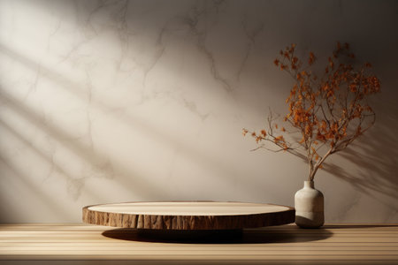 Empty wooden podium on a table on a marble background for product demonstrationの素材
