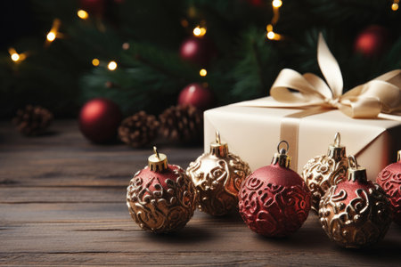 Red and gold Christmas balls and a gift on the background of lights. greeting holiday cardの素材
