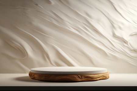 Luxury stone wooden podium on a table on an abstract white background for product demonstrationの素材