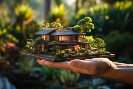 Miniature of a house villa with a garden on a man's handの素材