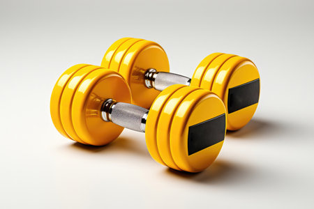 Yellow sports dumbbells on a white backgroundの素材