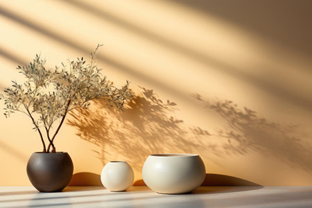 Pot with a houseplant and two empty vases on a beige background of the wall with shadows. Minimalistic decor in the houseの素材
