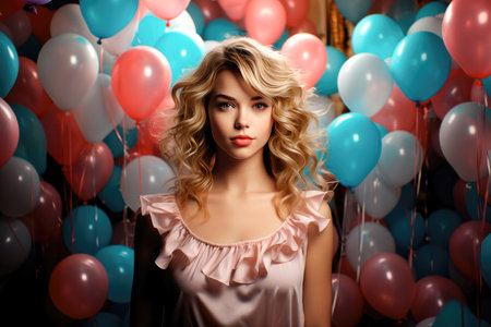 Young woman among many colorful balloonsの素材