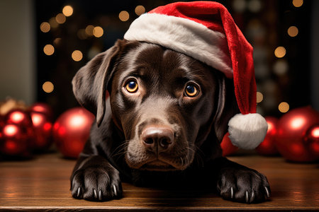 Chocolate labrador in a santa claus hat against the background of festive lightsの素材