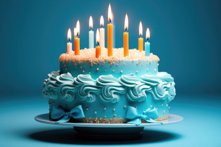 Blue birthday cake with a candle on the blue backgroundの素材