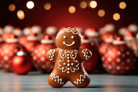 Gingerbread man cookies and homemade cakes against a bokeh background of Christmas lights and red Christmas decorationsの素材