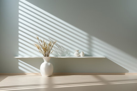 White vase with flowers on shelf at the background of a light wall with striped shadowsの素材