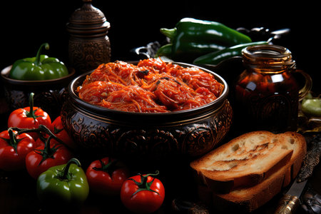 Dishes of Balkan cuisine Aivar, vegetable caviar from red baked bell pepper, on the table in a bowlの素材