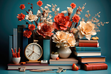 Greeting card on Teacher's Day. Books, alarm clock, books and flowers in a vaseの素材