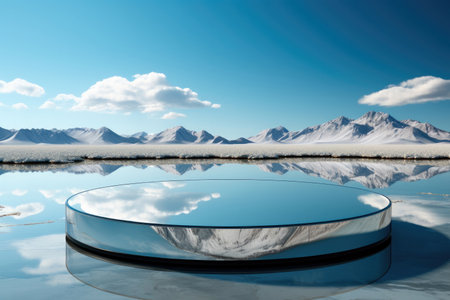 Cylindrical round mirrored podium with a background of mountains for the demonstration of goods or cosmeticsの素材