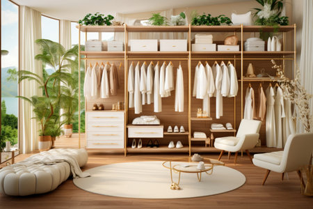Modern wardrobe with women's clothes hanging on a hanger in a designer interiorの素材