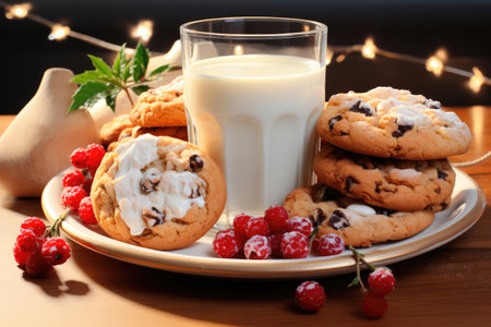 Milk in a glass and cookies on a plate for Santa Clausの素材