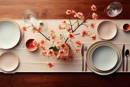 Top view festive table setting with plates, cutlery and flowers in pale colorsの素材