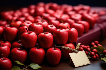 Lots of red apples and a congratulatory label on the Teacher's holidayの素材