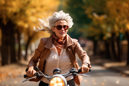 Elderly woman with gray hair rides a motorcycle in the fall autumnの素材