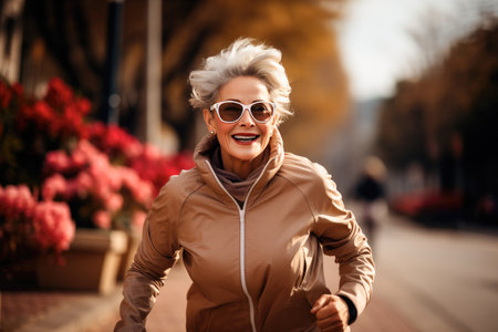 Elderly woman with gray hair takes a morning jog in the city on the street in autumnの素材