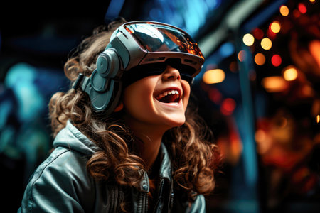 Laughing teenage girl wearing virtual reality glasses playing video games with a virtual reality headsetの素材