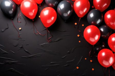Red and black balloons on a background with copy space. The concept of a holiday or Black Fridayの素材