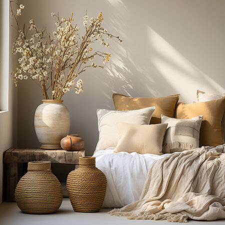 Bedroom interior in country style, bed with pillows and linen linen, flowers in potsの素材