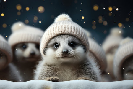 Cute meerkats in winter hats under the snowfall. Christmas Winter Greeting Cardの素材