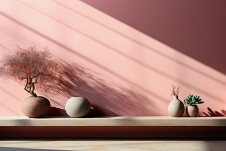 Ceramic vases on a white bench, a sunny shadow on the pink wallの素材