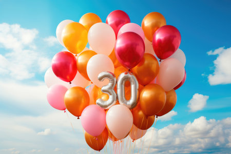 Bunch of colorful festive balloons in the sky and the number thirty for the anniversaryの素材
