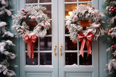 Christmas wreaths on the front doors of the houseの素材