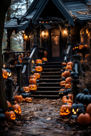 Porch of the house, decorated with lamps. and pumpkins for Halloweenの素材