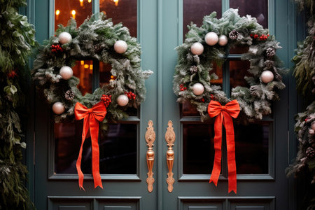 Christmas wreaths on the front doors of the houseの素材