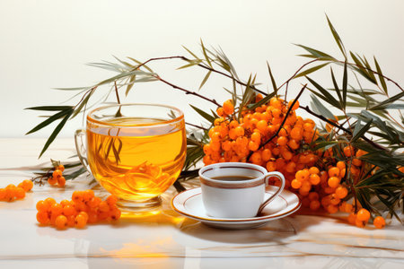 Sea buckthorn tea in a glass cups with fresh sea buckthorn berries. Herbal vitamin teaの素材