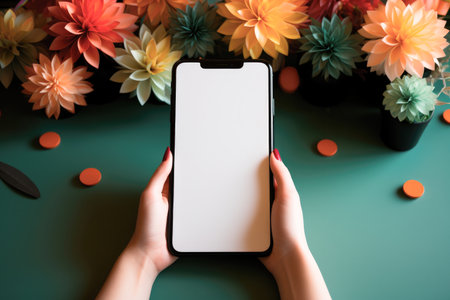 Mockup of a phone with a white screen in the hands of a woman on the background of a table with flowersの素材