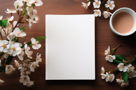 Clean white paper with white flowers and a cup of coffee. Spring flat lay with apple blossoms on a wooden background with copy spaceの素材
