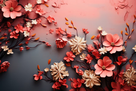 Paper flowers pink and red on backgroundの素材