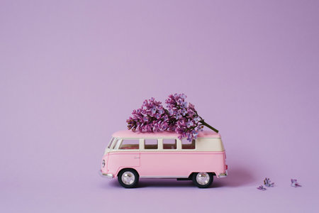 Pink toy car bus with lilac flowers on the roof on a lilac background. Flower delivery. Birthday holiday concept, mother's day, valentine's day, spring dayの写真素材