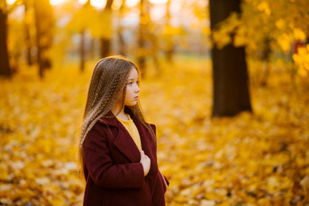 Cute six year old girl in burgundy clothes and a beret walks through the autumn park at sunsetの写真素材