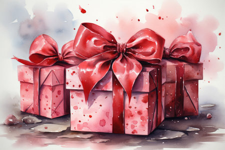 Gift boxes with bows painted in watercolor. Valentine's Day Holiday Cardの素材