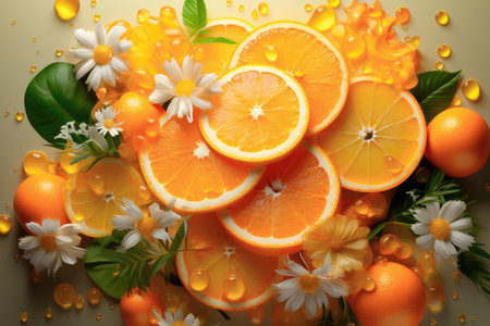Flat lay orange slices and flowers on a light backgroundの素材